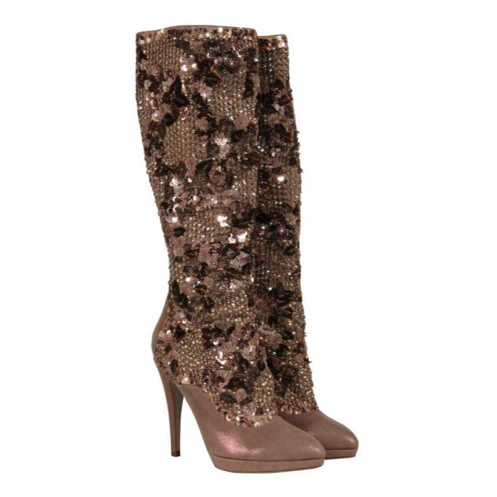 Rene Caovilla Womens Crystal Beaded Knee Boots Size US 7.5 EU 37.5 Silver Pink